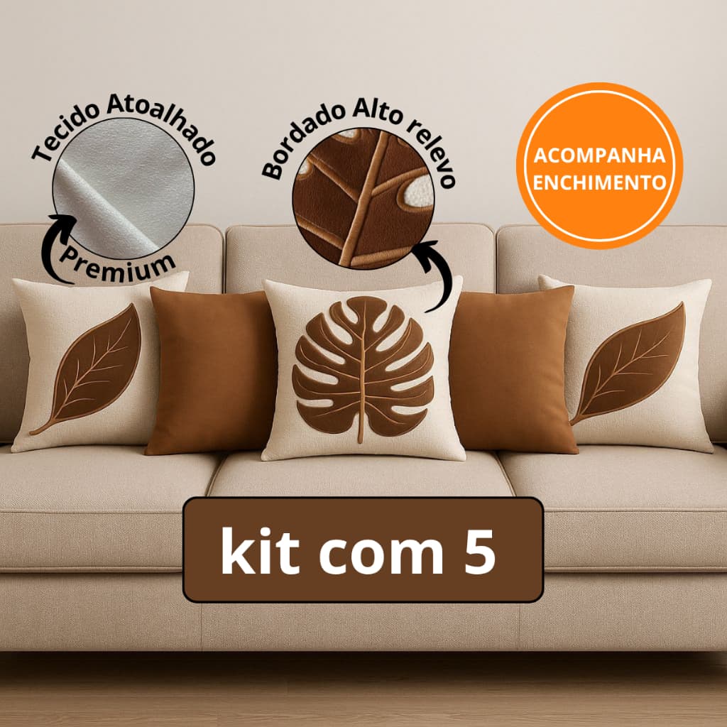 KIT 5 ALMOFADAS TERRACOTA LUXO | BORDADO ALTO RELEVO | BOUCLÉ + SUEDE | COM OU SEM ENCHIMENTO