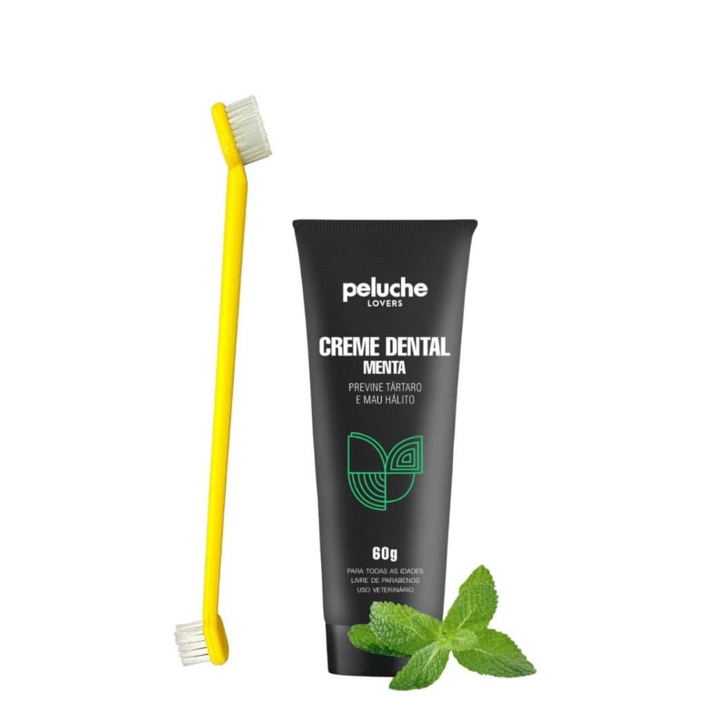 Creme Dental com Escova de Dentes Para Cachorro E Gatos Peluche Menta Sem Flúor