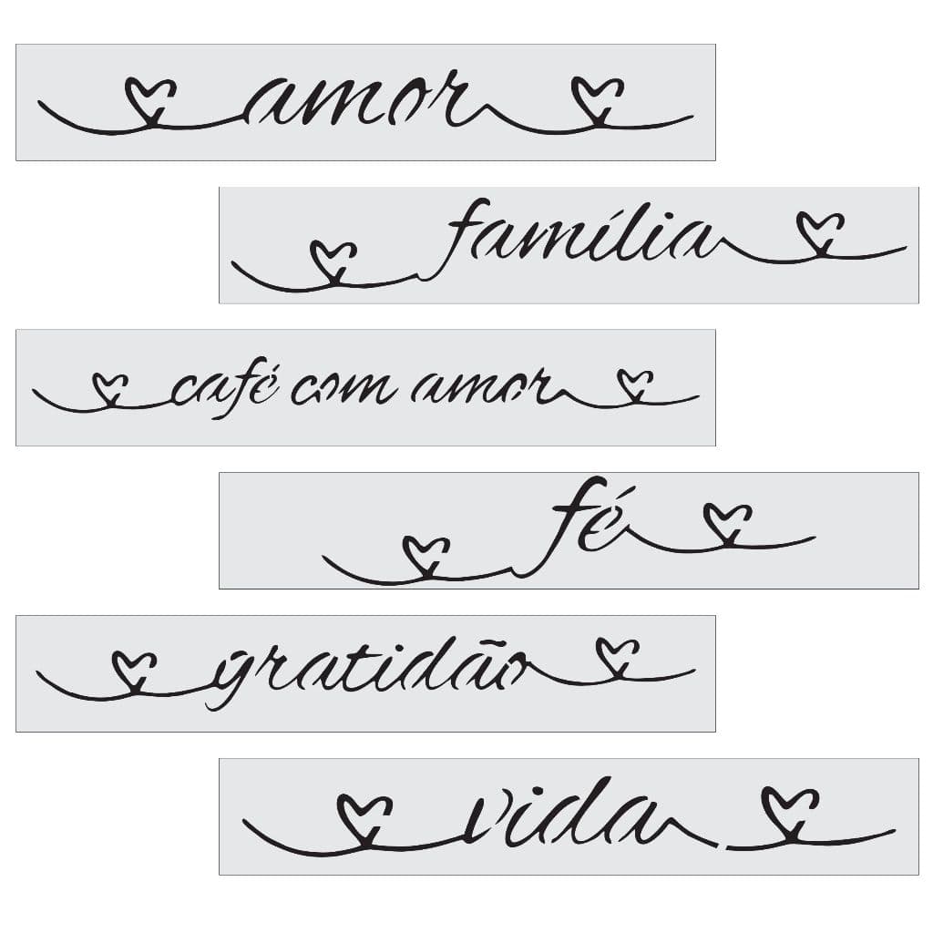 CUTKM-0002 - Kit 6 Stencils Pintura Palavras Coração 5x30cm Mylar 190 Micras Branco Leitoso