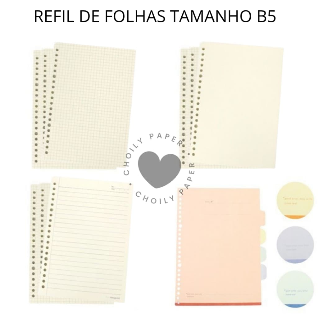 Refil | Divisória Folhas Para Caderno | Fichário B5 (Colegial) 26 Furos - 50 folhas