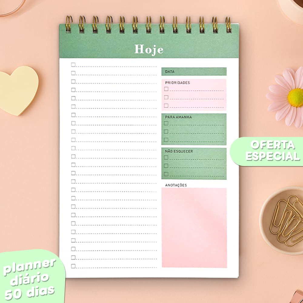 Planner Diário/Semanal 50 Folhas Com Capa e Contra-Capa de Acetato - Vertical ou Horizontal / Diário ou Semanal