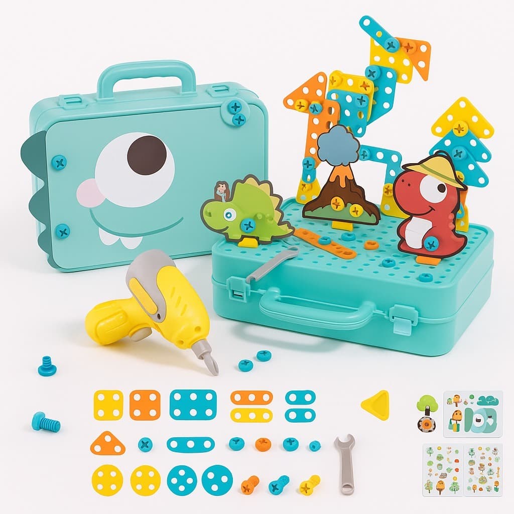 Maleta Infantil Ferramentas de Montar Furadeira Elétrica Dinossauro Parafusos Interativo Educacional