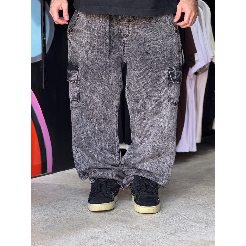 calca cargo marmorizada baggy estonado larga cinza yin yang promoção premium sow culture