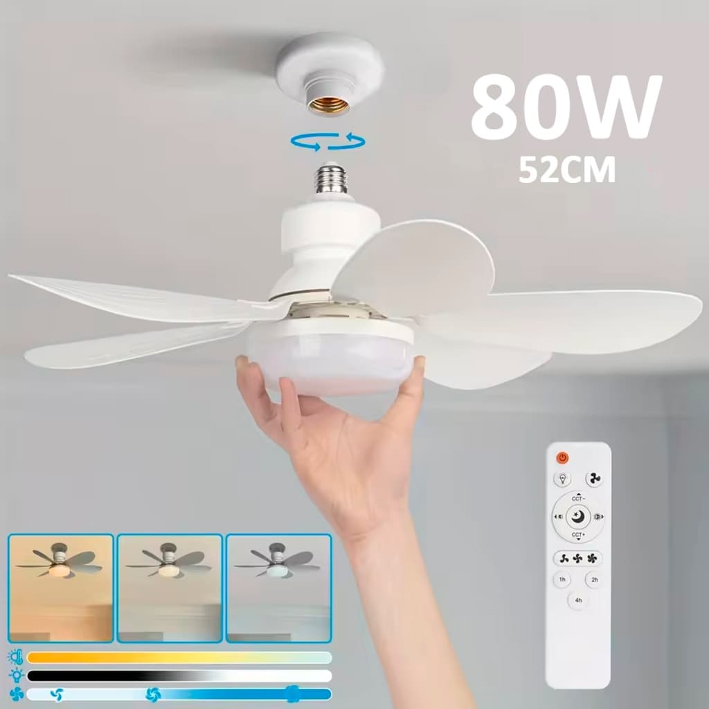 Ventilador de Teto 60W 80W Lâmpada Luminária LED 3 Cores E27 Silencioso Bivolt 2 em 1 C/ Controle Remoto
