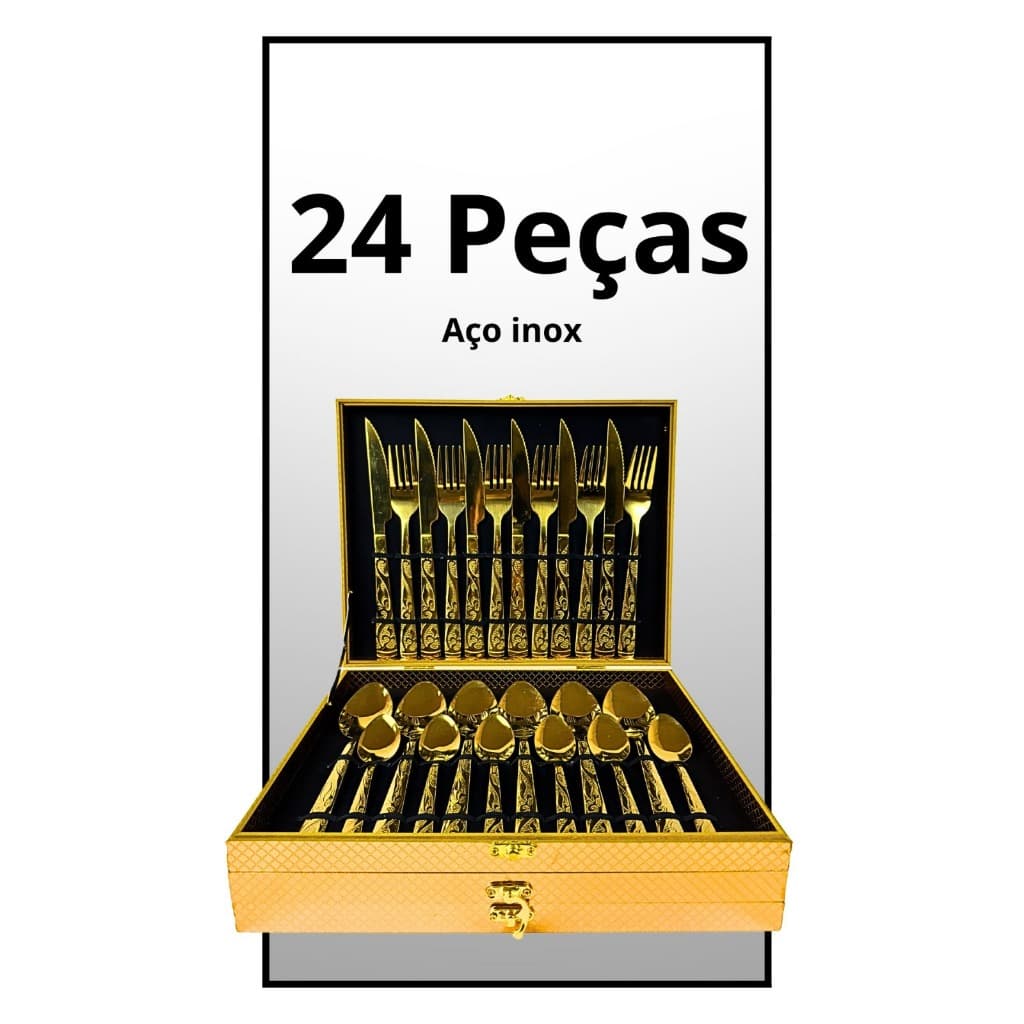 Kit Faqueiro Talheres Com Maleta 24 Peças Em Inox C/ Dourado