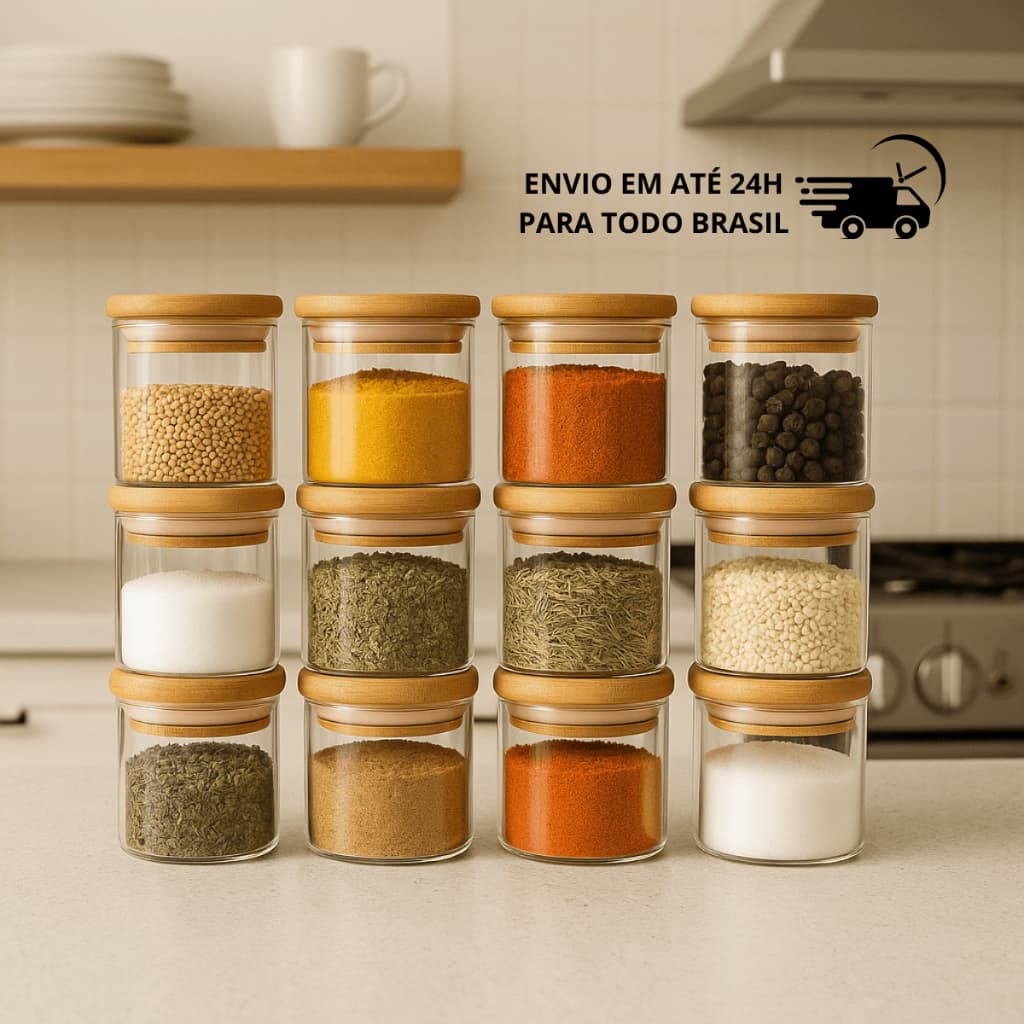 Kit 12 Potes de Vidro 200ml com Tampa de Bambu Hermético Mantimentos Condimentos Empilhaveis