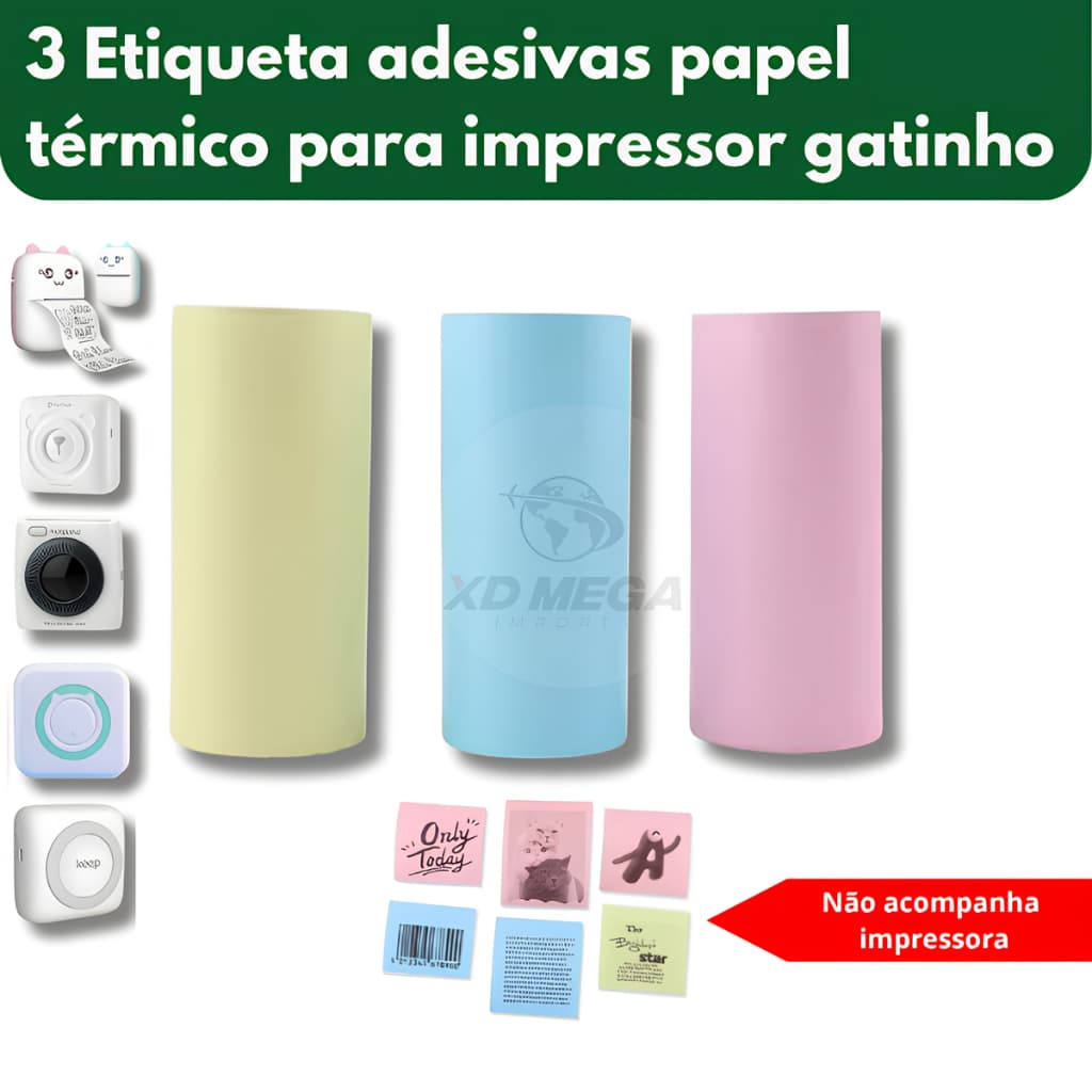 3 rolos etiqueta adesiva colorida mini impressora gatinho e outras