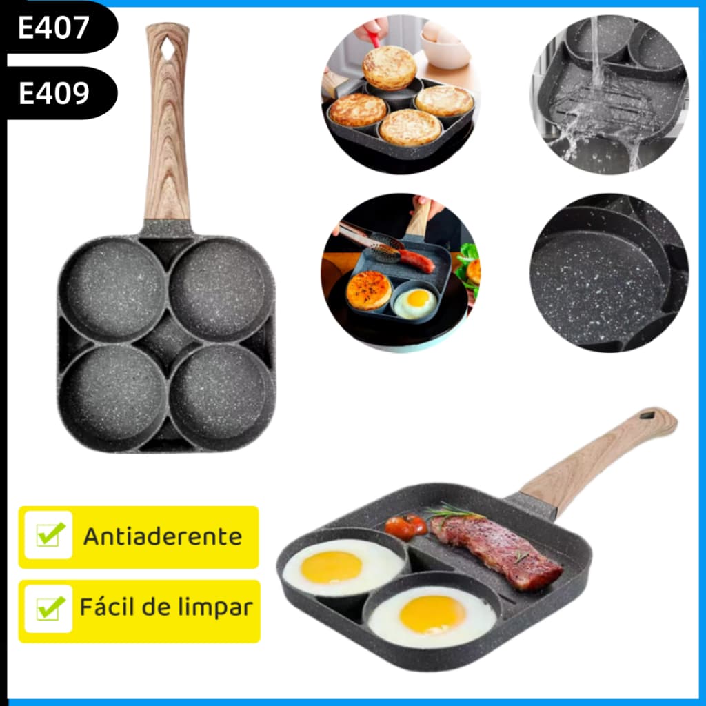 Frigideira Multifuncional Antiaderente 4 em 1 Ovos Hambúrguer Omelete Com Alça De Madeira