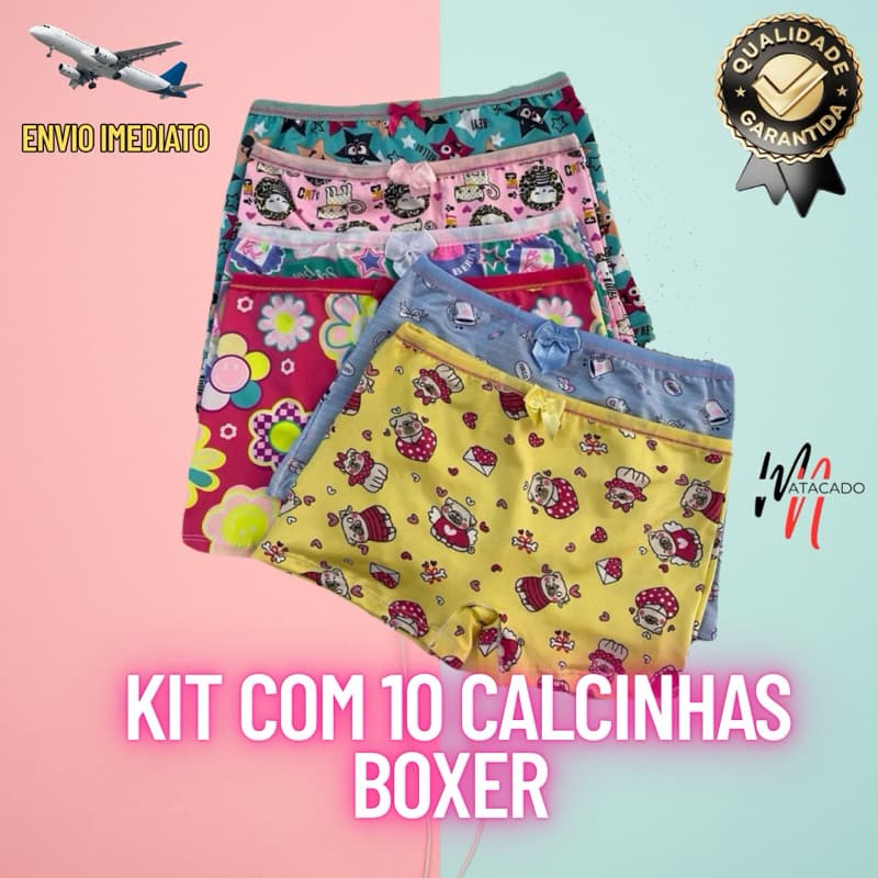 Kit 10 calcinhas boxer infantil estampadas