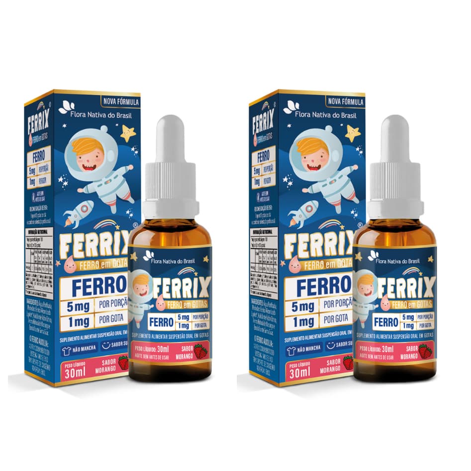 Kit 2x Ferrix KIDS Suplemento de Ferro em gotas (Ferro 5mg/porcao) 30ml Sabor Morango - Flora Nativa