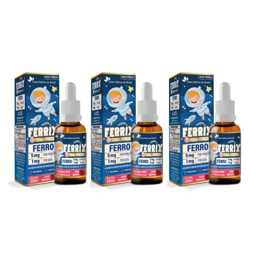Kit 3x Ferrix KIDS Suplemento de Ferro em gotas (Ferro 5mg/porcao) 30ml Sabor Morango - Flora Nativa