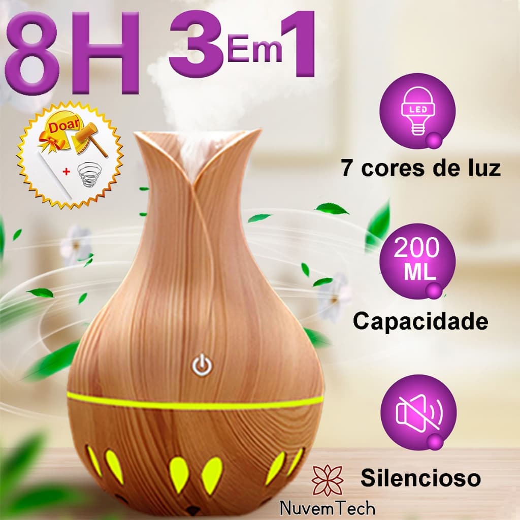 Umidificador De Ar Difusor Aromatizador De Ambiente 8h Ultrassônico USB Madeira Purificador De Aromas Com Luz LED