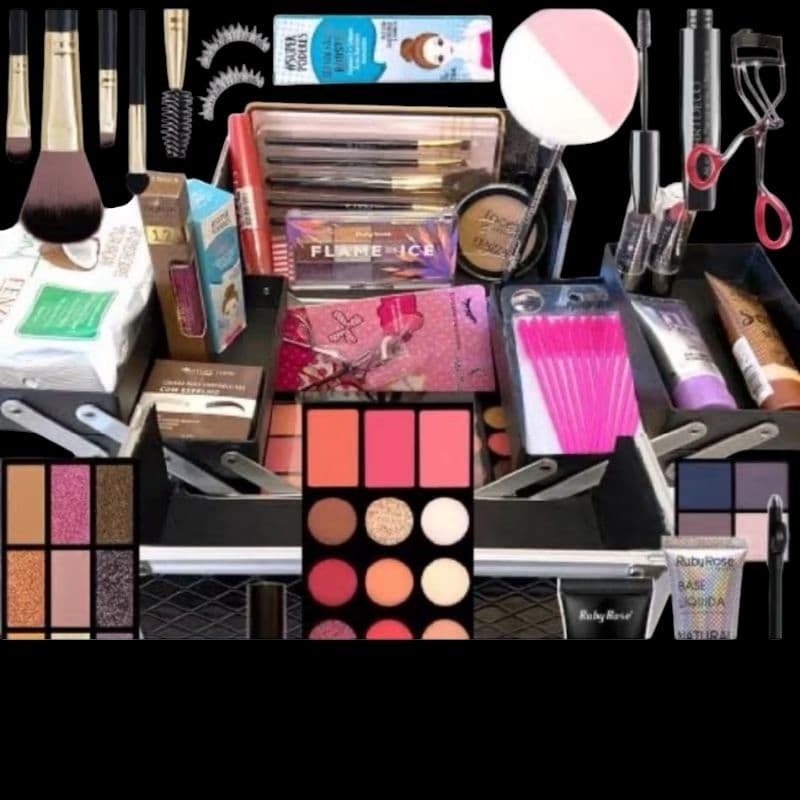 kit de maquiagem sofisticado de 10 itens com pincel, batom, blush,  e muito mais(obs esse kit nao acompanha a maleta)).