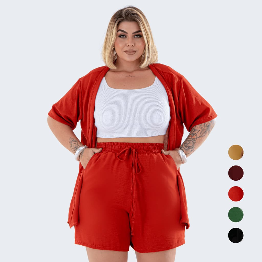 Conjunto Feminino Plus Size Kimono Cardigan e Short  Moda Casual