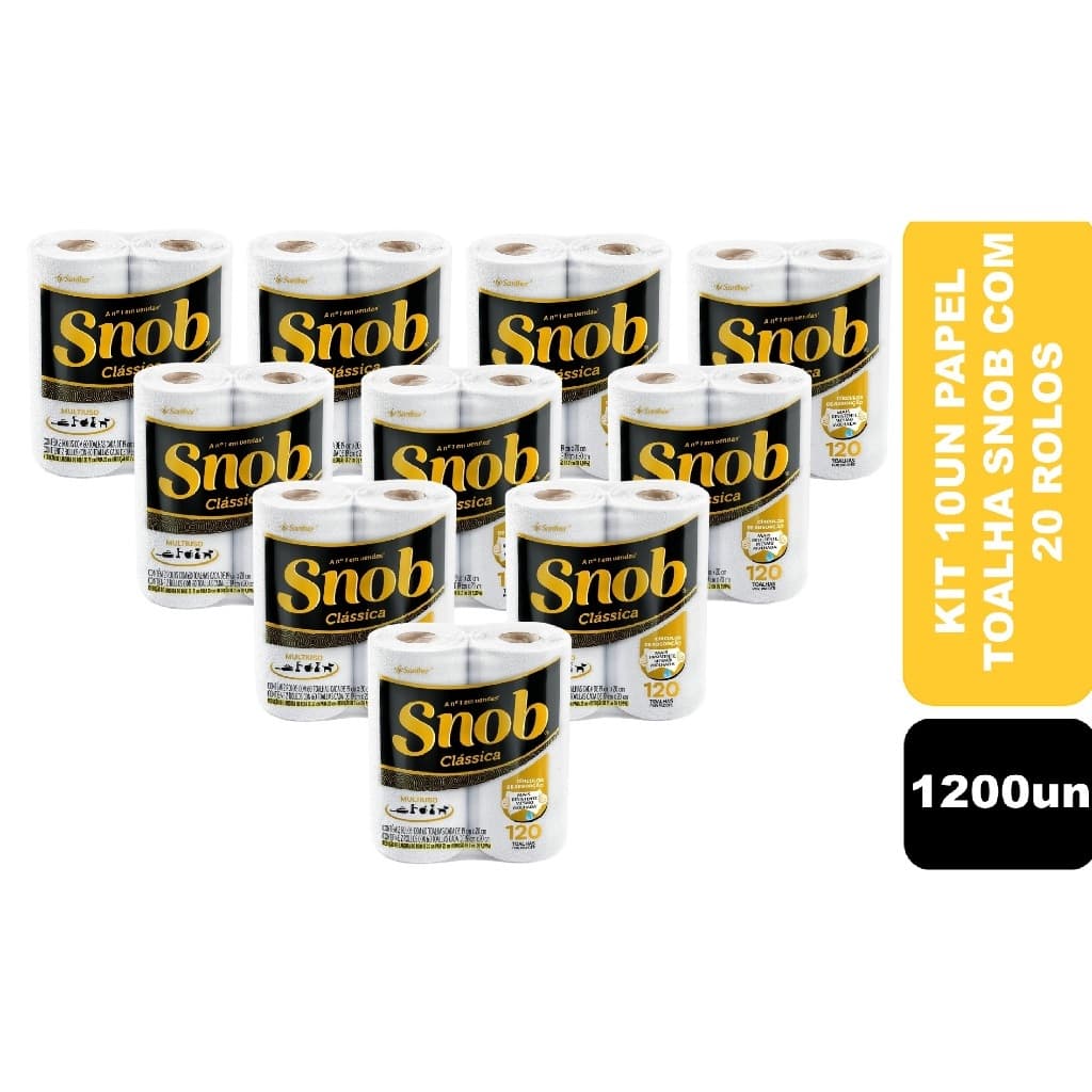 Kit 10un Papel Toalha Folha Dupla Snob Clássica 19cm x 20cm - Pacote 2 Unidades com 60 Folhas Cada (1200un)