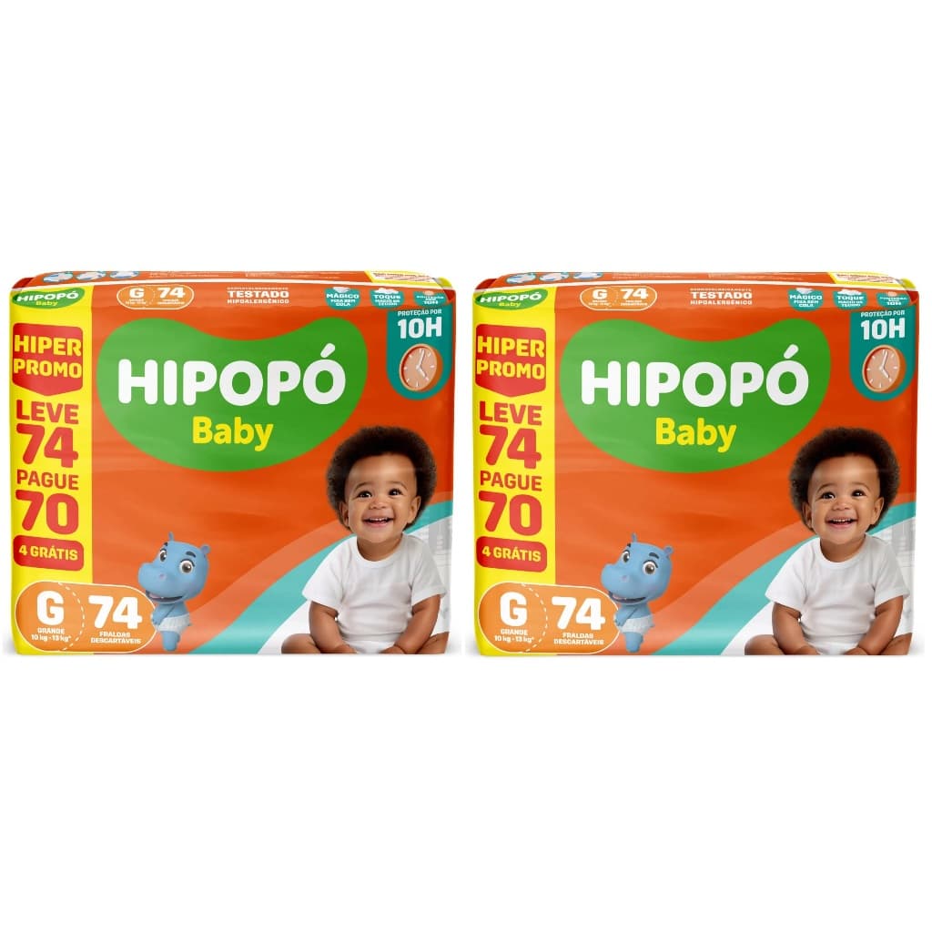 Kit 2ptes Fralda Hipopó Baby Hiper G 74un - Total 148unidades