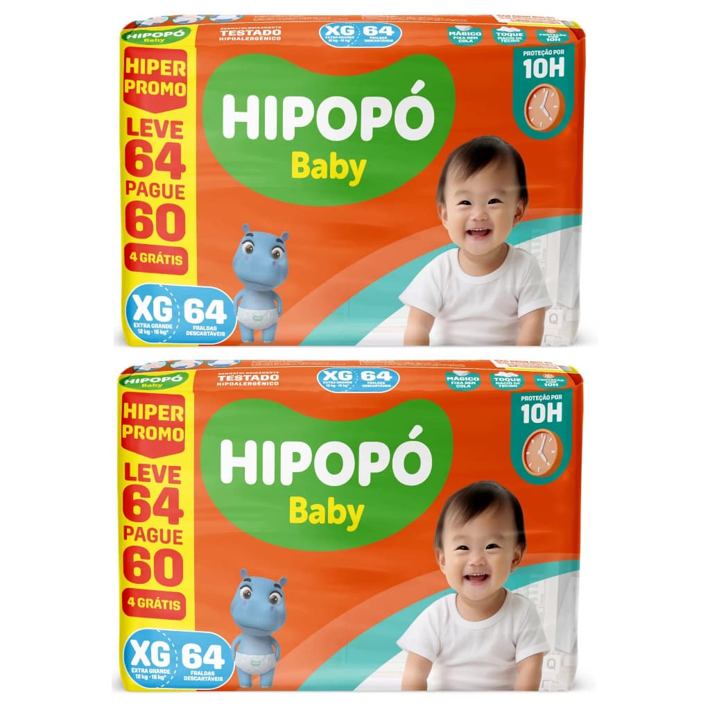 Kit 2ptes Fralda Hipopó Baby Hiper XG 64un - Total 128un
