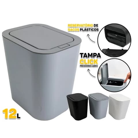 Lixeira 12 Litros Tampa Click Abre Automática De Sacos De Lixo  Banheiro Lavabo Escritório
