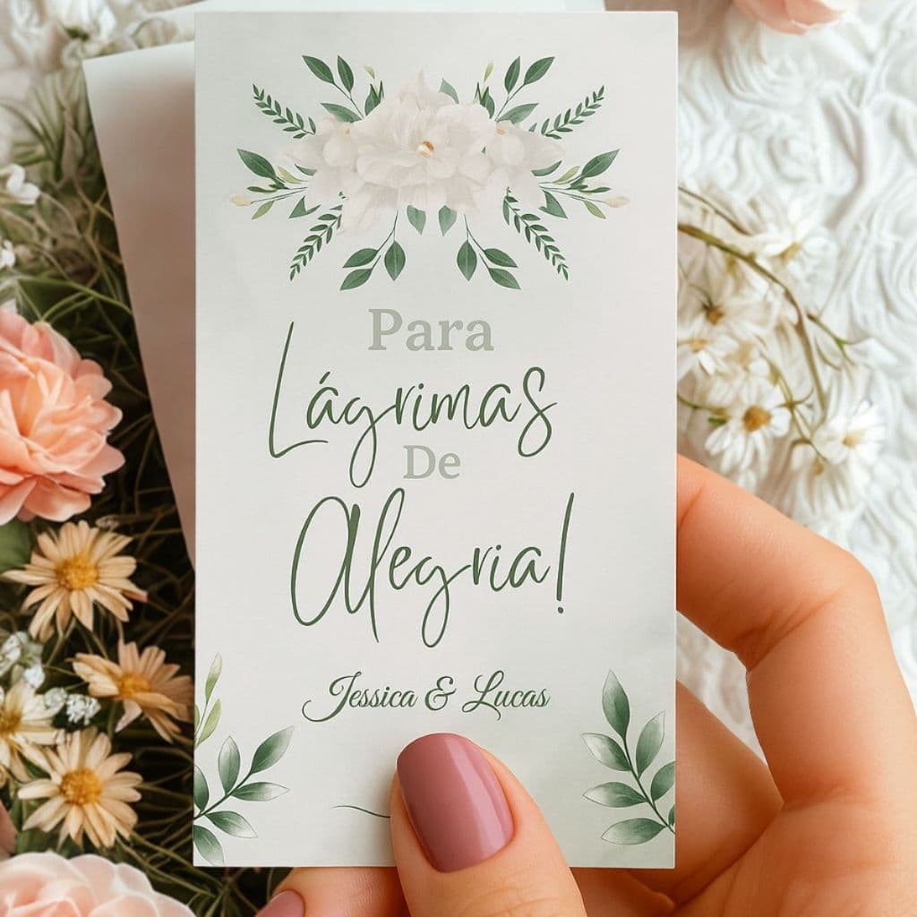 100 Lágrimas de Alegria Tags Personalizadas para Casamentos kit saquinho e lenço