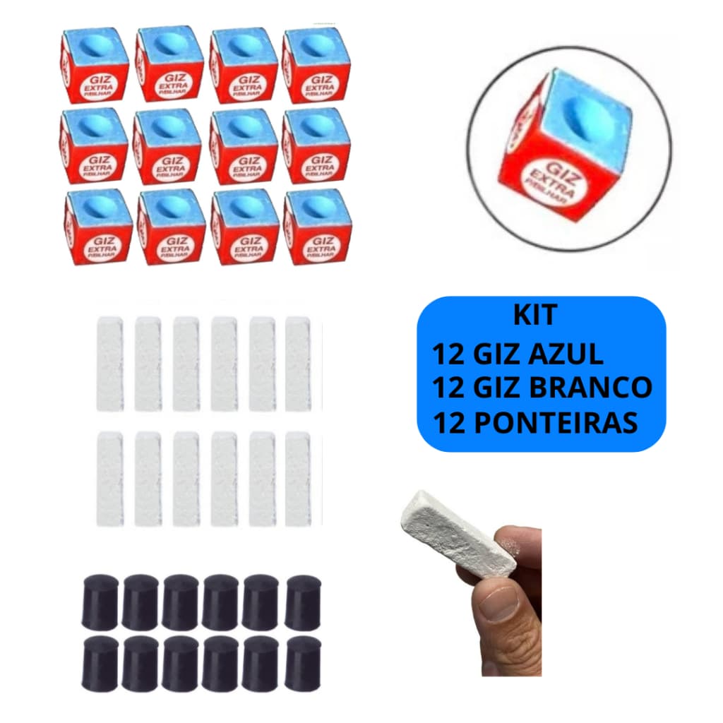 Kit Sinuca Com 12 Giz Azul 7 Belo + 12 Giz Branco + 12 Ponteira Virola Rista Para Tacos Bilhar Snooker