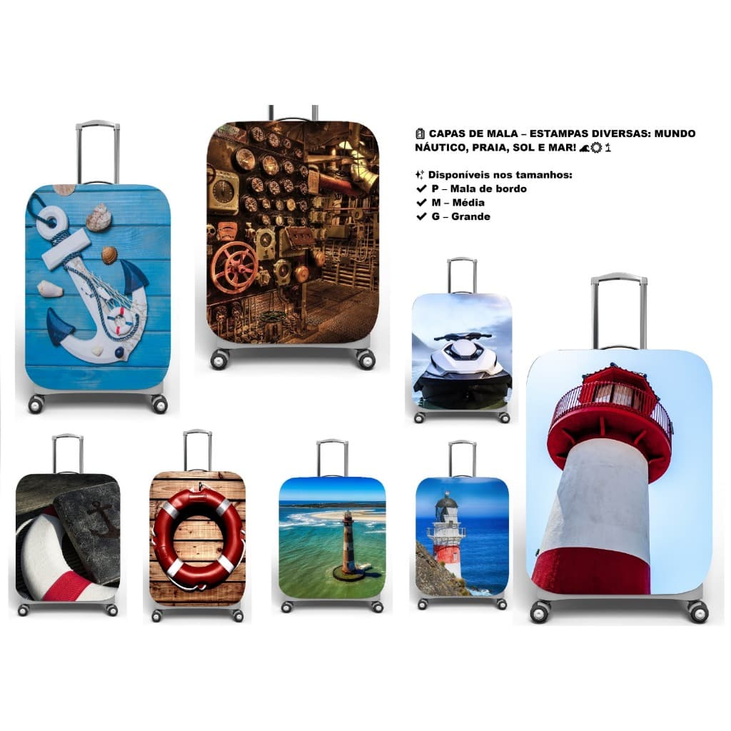 CAPAS DE MALA TAMANHOS P, M e G – ESTAMPAS DIVERSAS: MUNDO NÁUTICO, PRAIA, SOL E MAR! 🌊☀️🌴