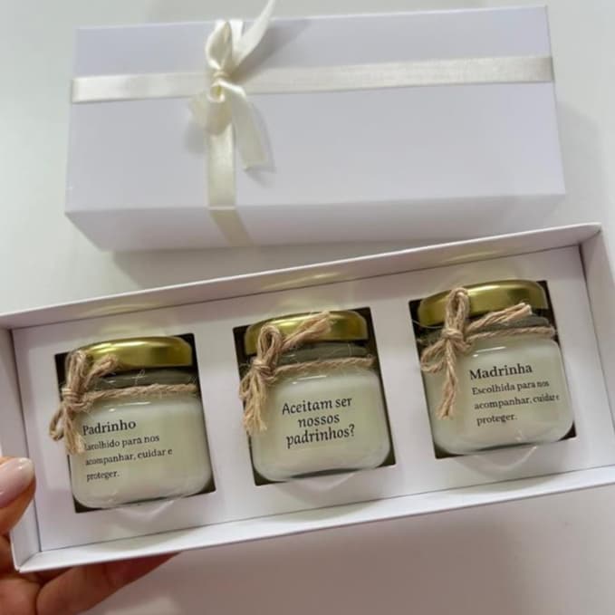 Convite para Padrinhos/Dindos – 3 Mini Velas Aromáticas Batismo, Casamento, Consagração, Crisma