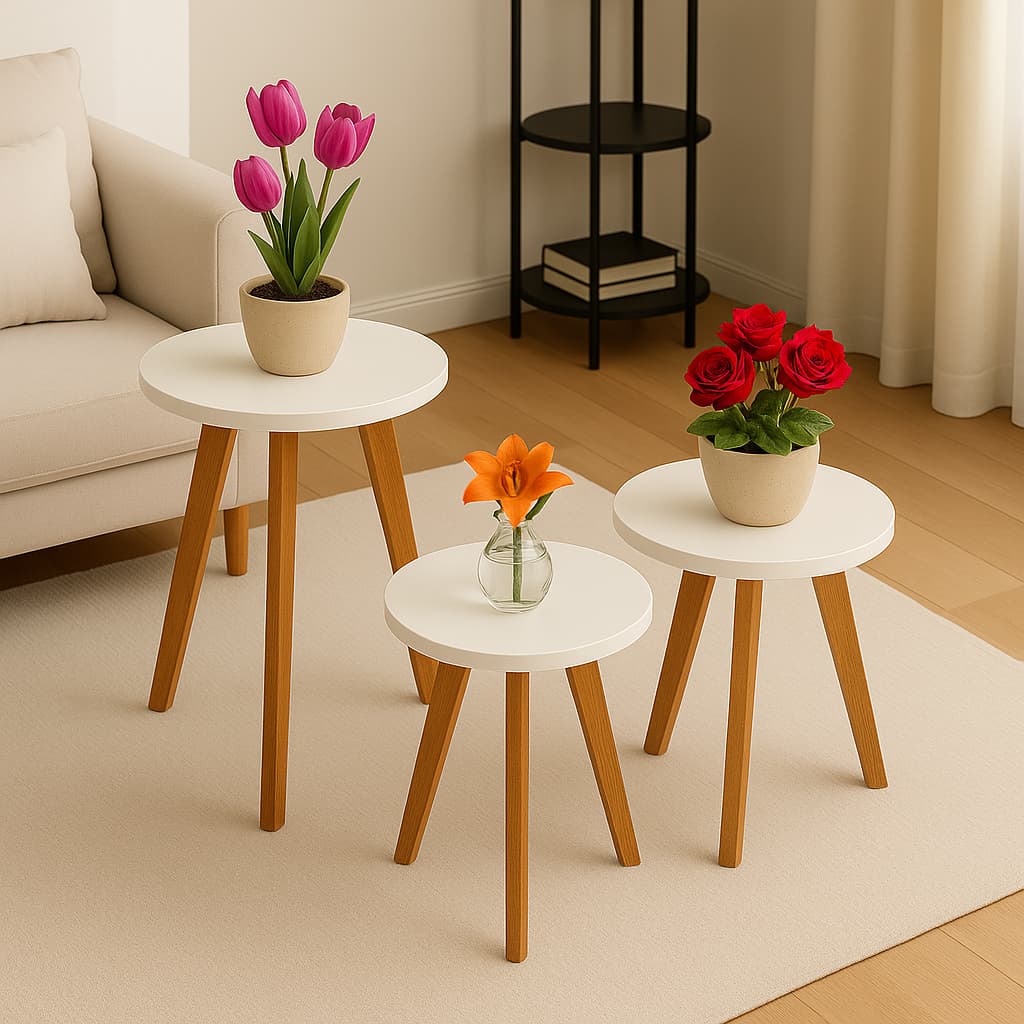 Kit de Duas e Tres Mesas de Apoio Redonda Mesa Lateral de MDF Pés Palito Madeira Mesinha Tripe Laterais Para Decorar