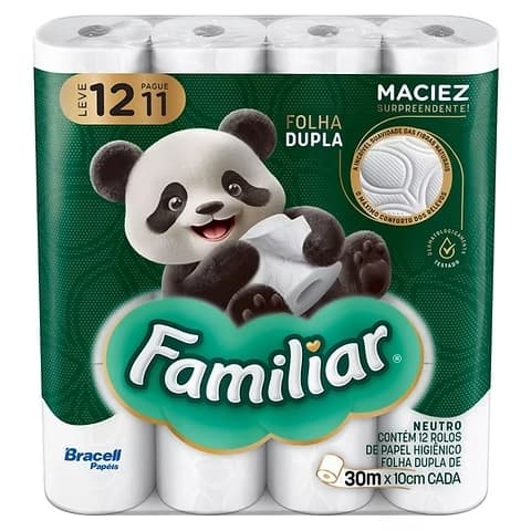 Pacote com 12un Papel Higiênico Familiar Folha Dupla Neutro com Maciez Surpreendente 100% Celulose