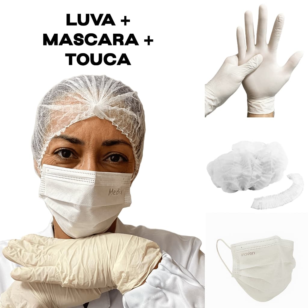Kit Proteção Mascara Tripla + Luva Látex + Touca TNT Branco Estética Limpeza