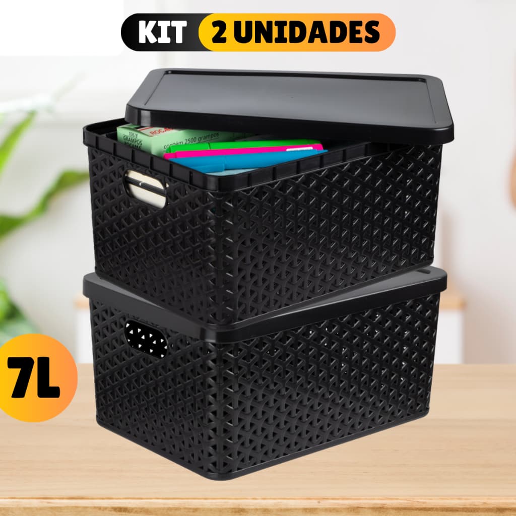 Kit Com 2 Cesto Caixa Organizadora Rattan Com Tampa 7 Litros Preto Multiuso