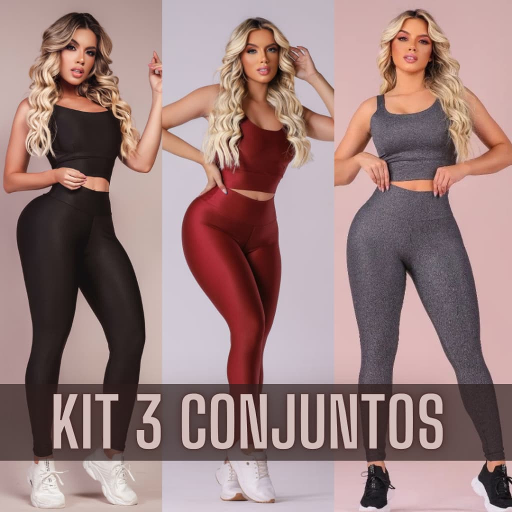 3 Conjuntos Fitness Feminino Top e Legging Academia Sem Transparência