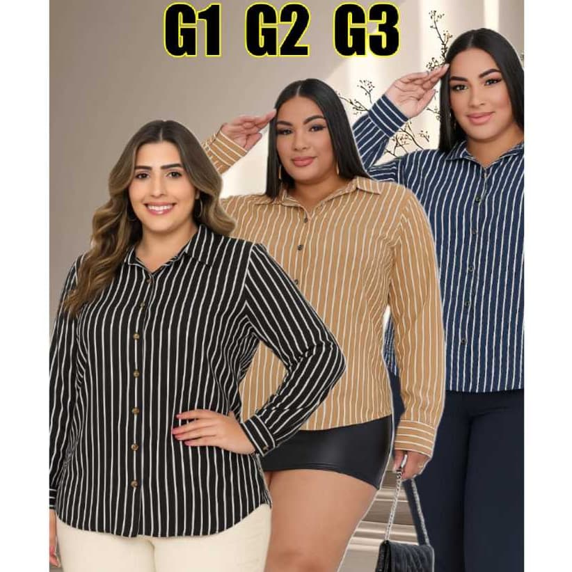 Camisa femenina comprido listrada moda plus size G1G2G3 elegante no tecido duna e crepinho