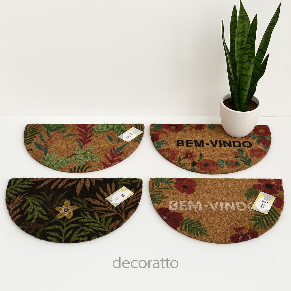 Capacho Tapete Fibra De Coco Meia Lua Bem Vindo 60cm X 33cm Com Desenho
