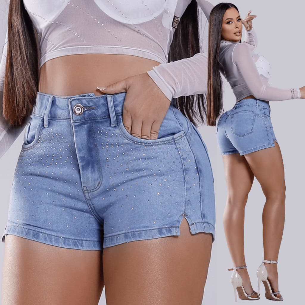 Short Jeans Feminino com Elastano Lycra Strass Brilho Cintura Alta Empina Bumbum 36 ao 46 plus size