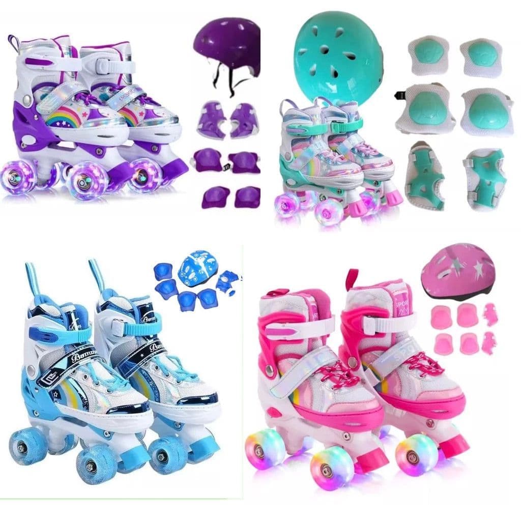Patins Infantil 4 Rodas Menina ARCO IRIS Com Luz De Led Patins COM /SEM Kit Proteção Menino Promoção