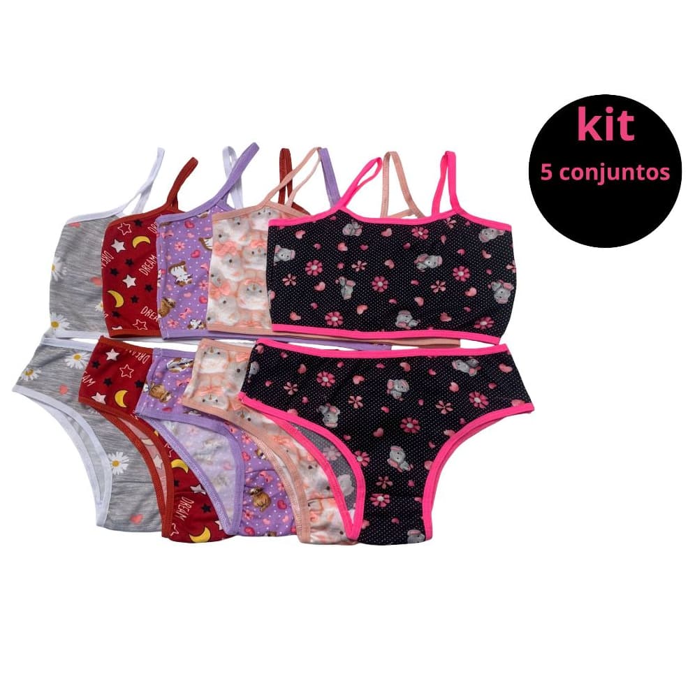 Kit 5 Conjuntos Infantil Menina Moça Top e Calcinha - Suede Estampado (1 a 12 anos)