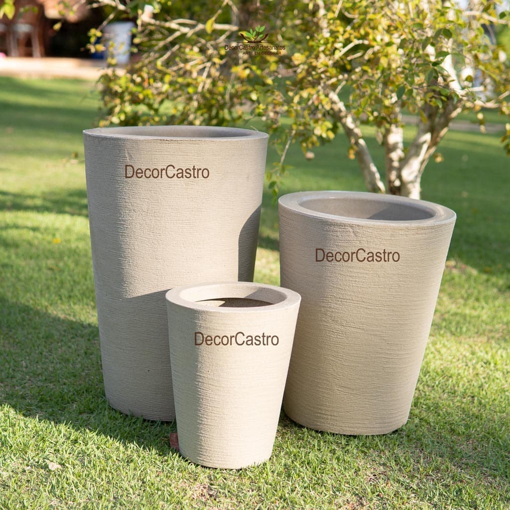 Kit 3 Vasos para Plantas Coluna Redonda Cone Jateada P/M/G em Polietileno Decorativo Jardim Moderno