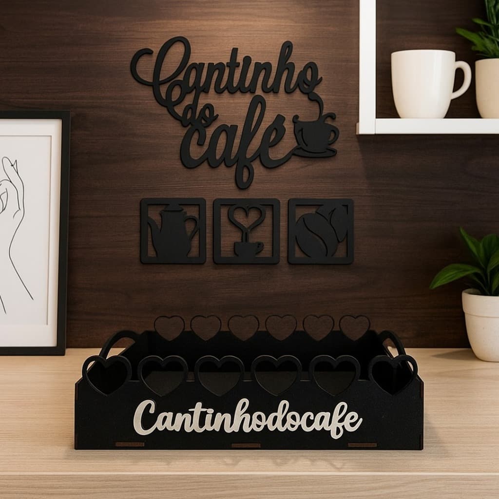 Kit Cantinho do Café com Bandeja e Apliques Decorativos de Parede em MDF de Cores Variadas