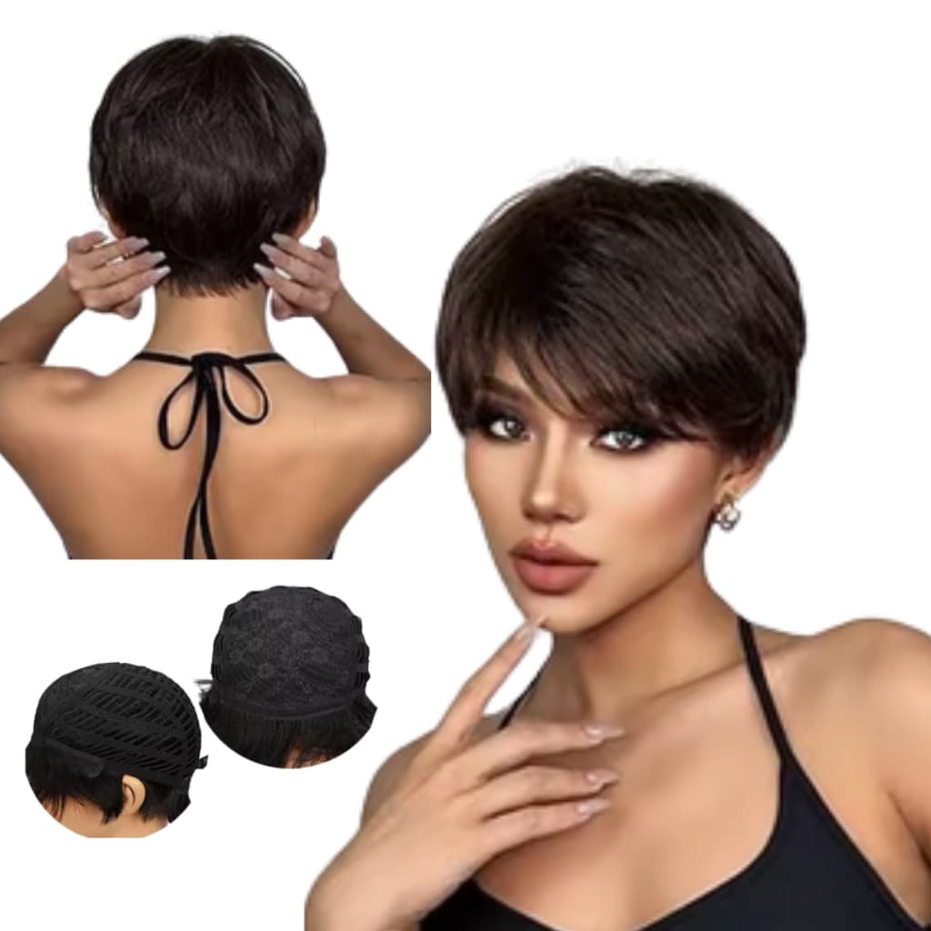 Peruca Natural Orgânica Senhora Curta Moderna Castanho