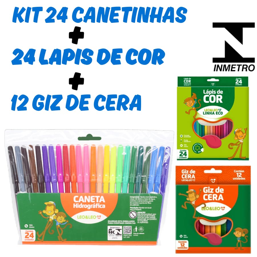 KIT Giz De Cera 12 Cores E Canetinha 24 cores E Lápis De Cor 24 Cores Escolar Infantil Pintura Arte