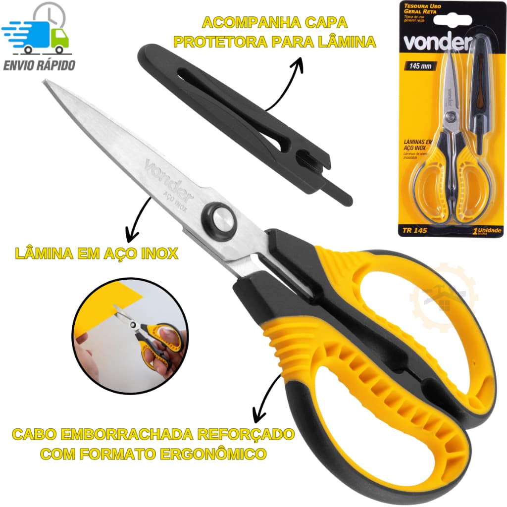 Tesoura Em Aço INOX Multiuso Reta Com Cabo Plástico Com Revestimento Emborrachado-145mm Vonder