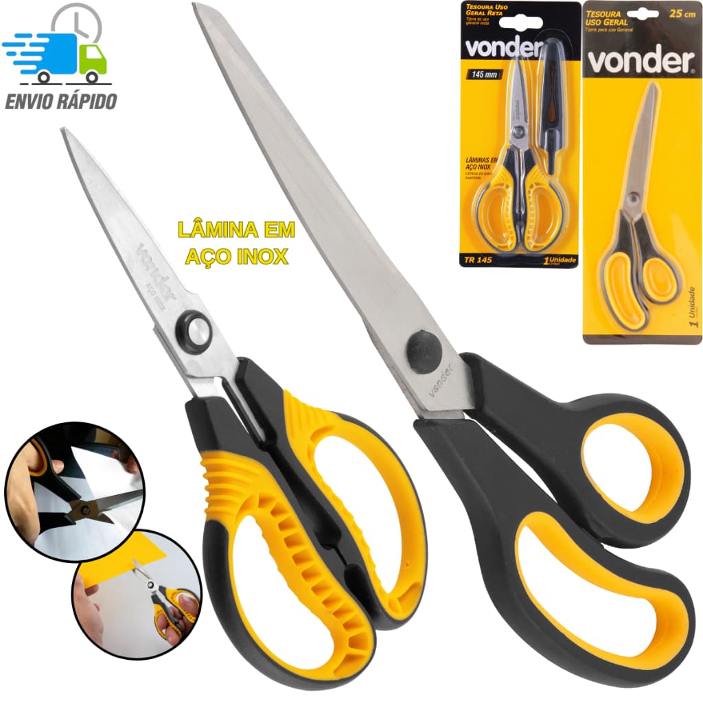 KIT 2 TESOURAS USO EM GERAL DE AÇO INOX 250 MM E 145 MM MULTIUSO-QUALIDADE VONDER