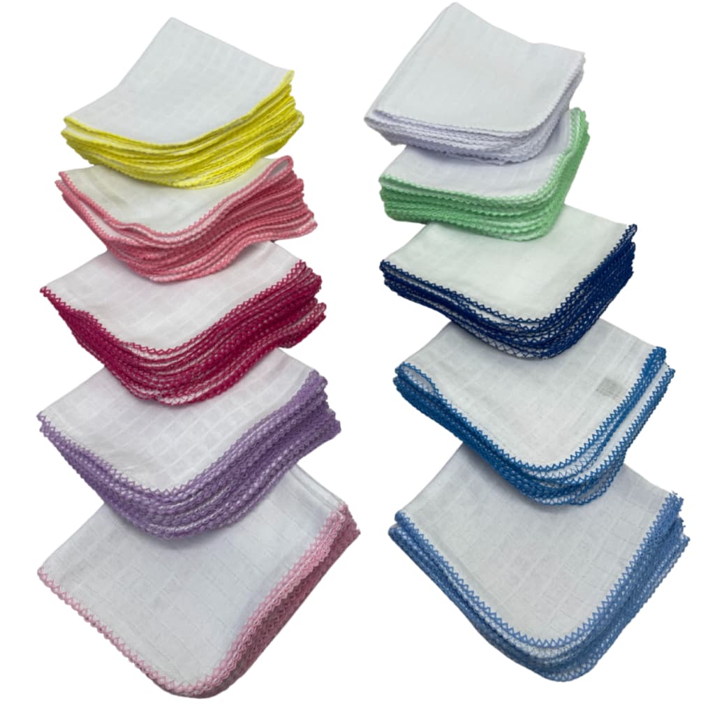 Kit com 10 Fraldas De Boca Babete Tecido Duplo Quadriculado 33x33cm Com Bico em Picueta Crochê - Para Artesanato/Pintura