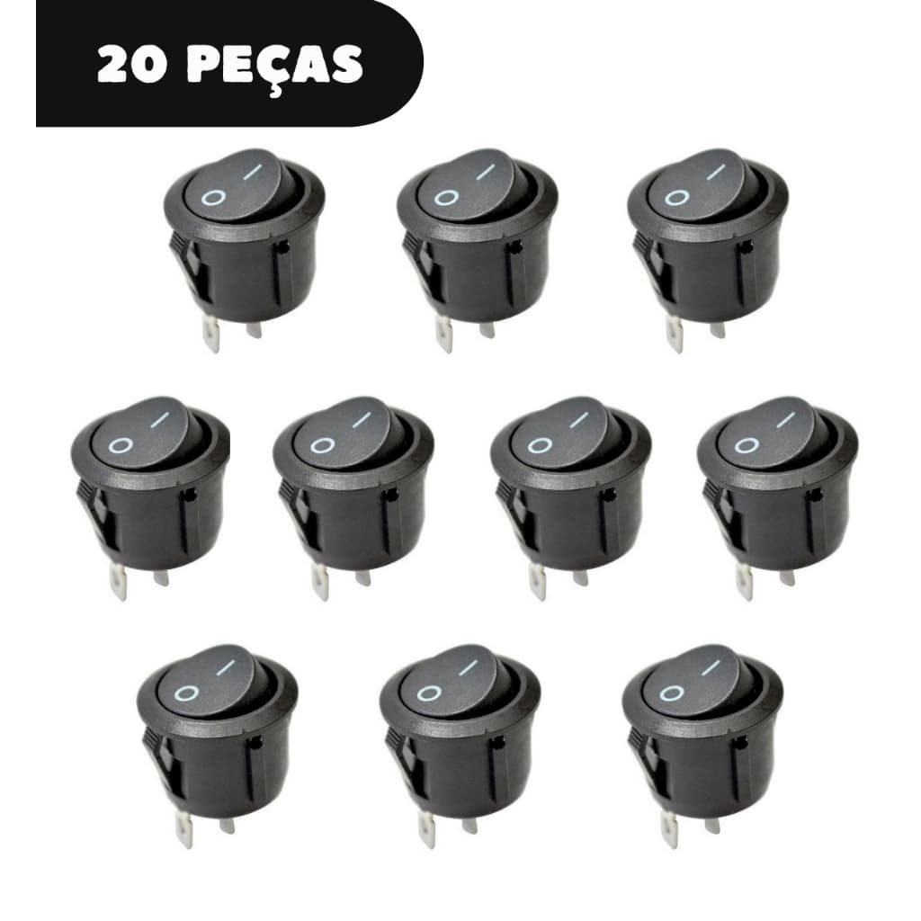 Kit 20 Chaves Gangorra Interruptor Botão On/Off Liga Desliga Preto 2 Terminais KCD1-106-101