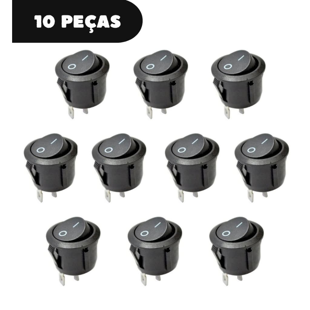Kit 10 Chaves Gangorra Interruptor Botão On/Off Liga Desliga Preto 2 Terminais KCD1-106-101