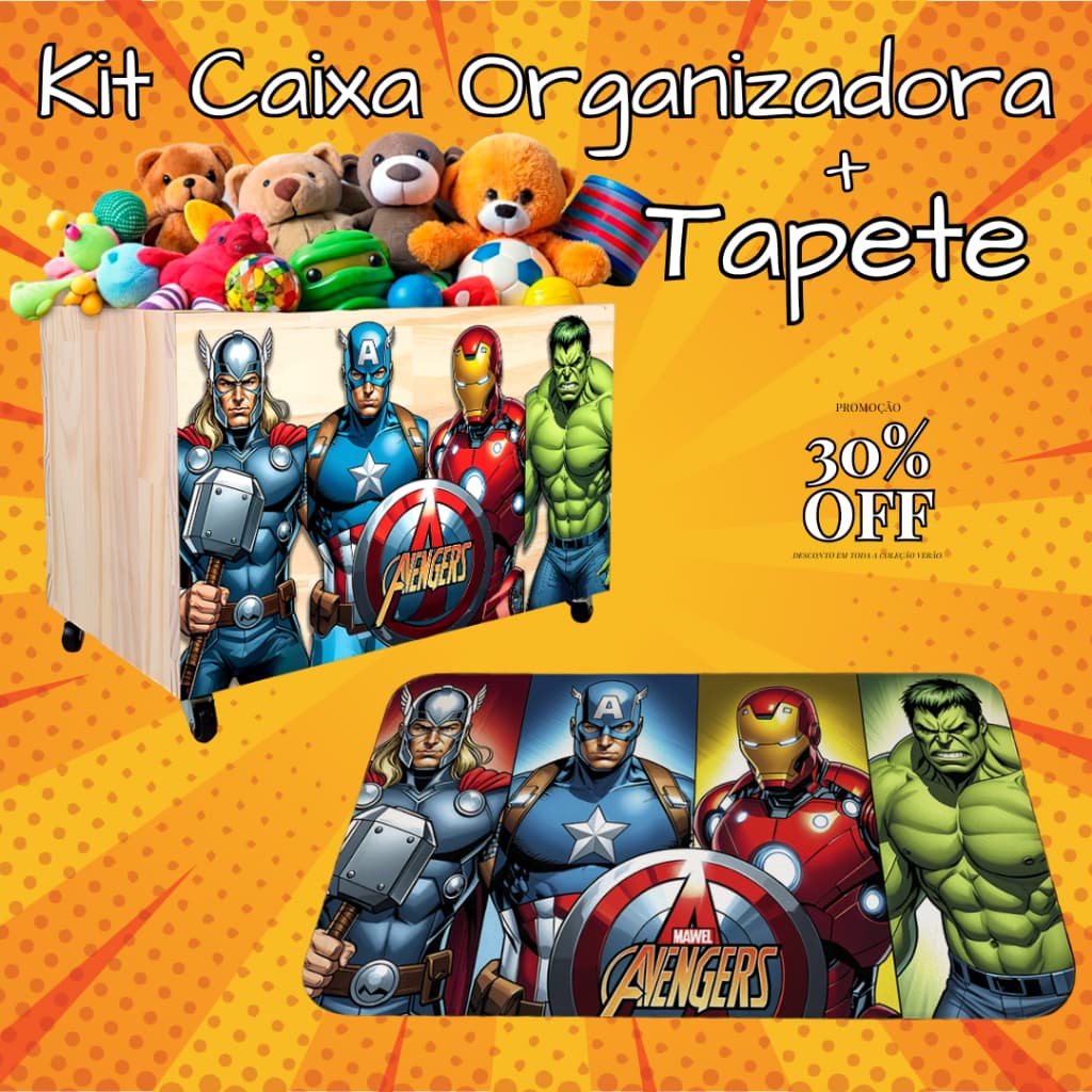 Kit Caixa Organizadora + Tapete de Porta, Caixote, Bau de Brinquedos com Rodinhas,  Avengers, Hulk