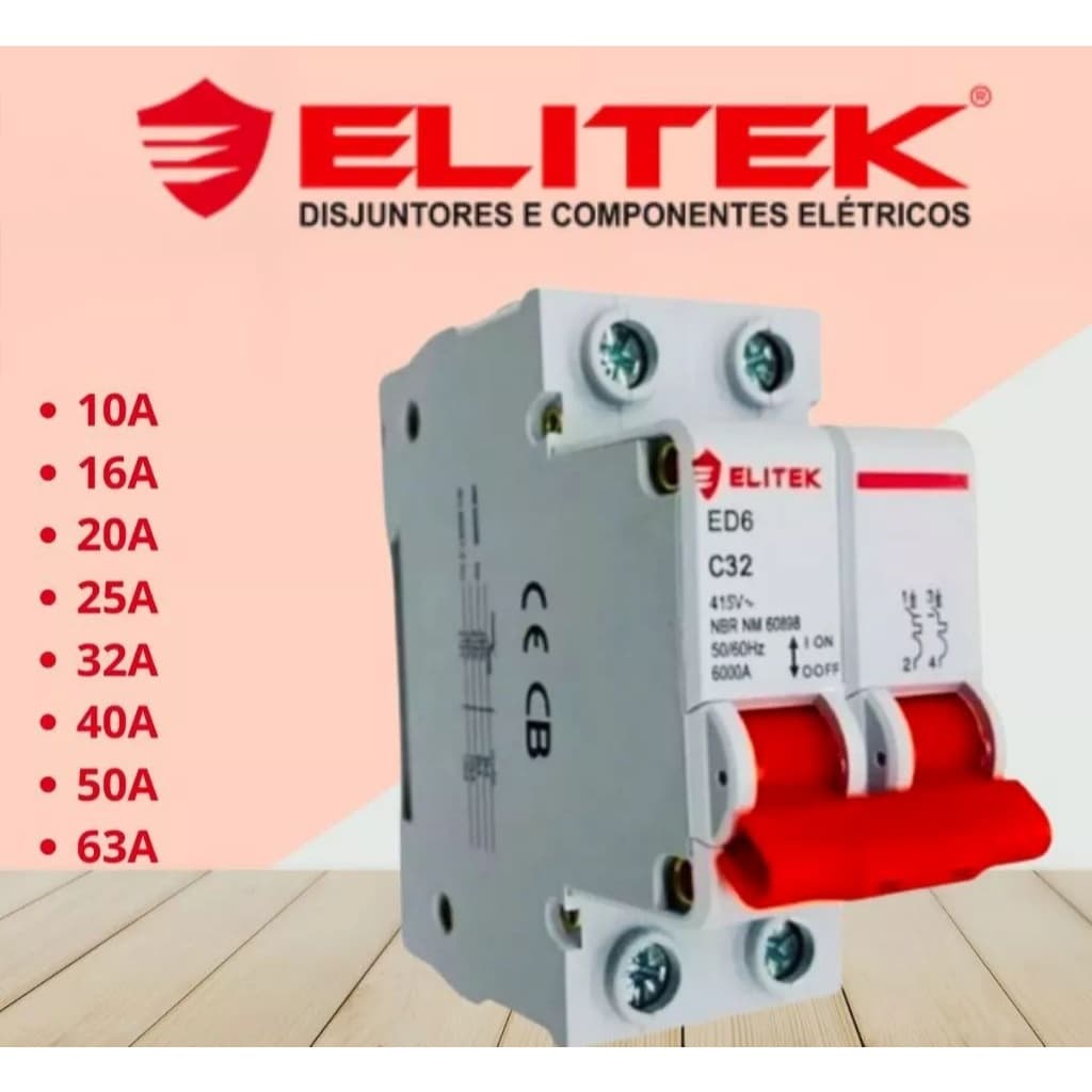 Disjuntor Bipolar 2 PÓLOS Elitek 10A 20A 25A 32A 40A 50A 63A 70A - Curva C - ED62