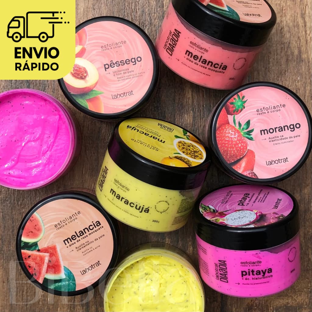 Esfoliante Corpo e Rosto Cheiro de Fruta Labotrat 300g ou 150g - maracujá - melancia - morango - pitaya - pêssego