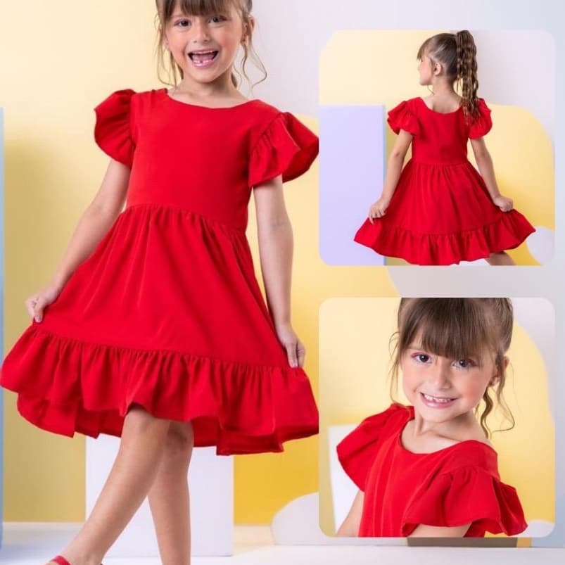 Vestido infantil menina liso vermelho festa Premium
