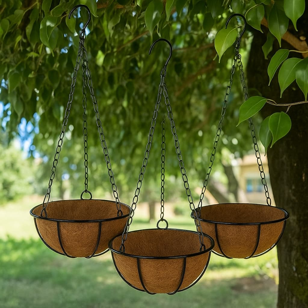 3 Vasos de Fibra de Coco 30cm Plantas Suspenso com Corrente